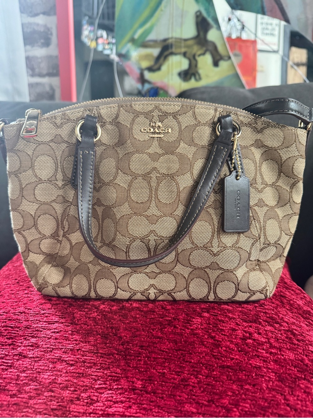 Coach Brown Signature Canvas Satchel with Dark Brown Leather Trim